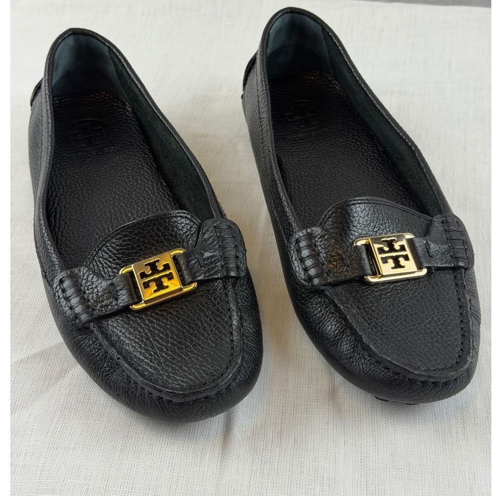 Tory Burch Black Pebbled Leather Driving Loafers Gold Logo Flats 10M Office Work